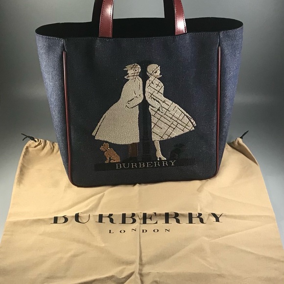 RARE Vintage Burberry Embroidered with Red Leather Trim Handbag Blue Denim Tote - Picture 4 of 16